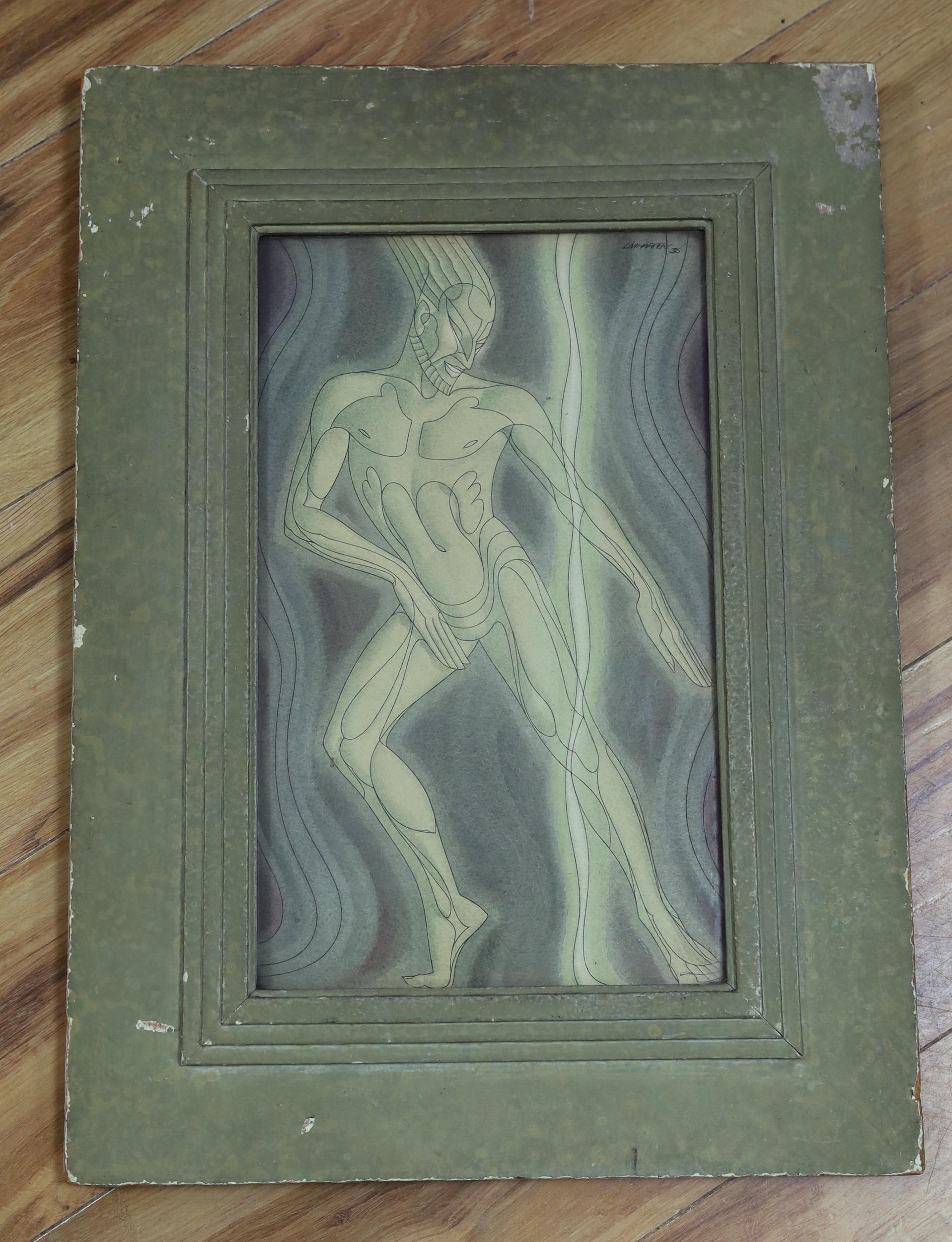 L.M. Harper (20th. C), stylish ink and watercolour, Standing figure, signed and dated '36, 38 x 23cm